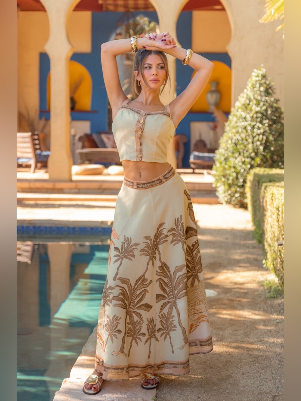 Tropical Palm Leopard Print Maxi Skirt - A. Peach